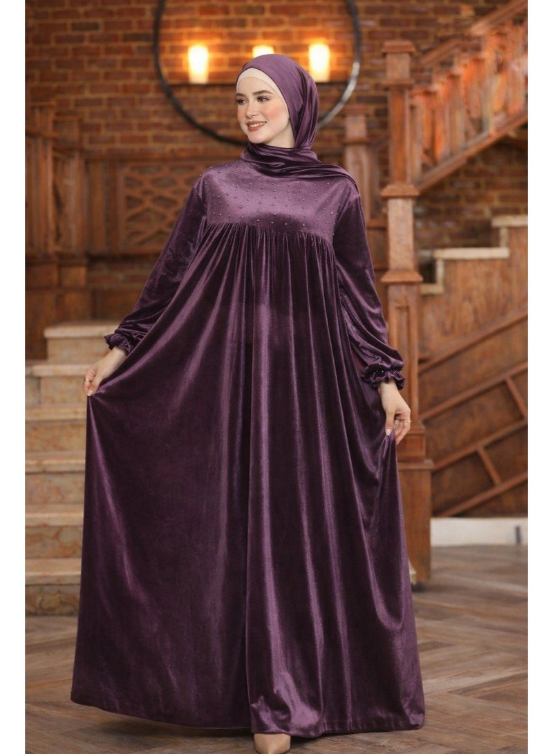 Women’s Velvet Prayer Dress (Isdal) – Elegant Design with Subtle Sparkle – Loose Fit with Matching Hijab - Purple - Image 1